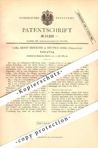 Original Patent - C.E. Brückner in Deutsch Ossig b. Görlitz , 1882 , Kehrpflug , Pflug , Landwirtschaft , Agrar !!!