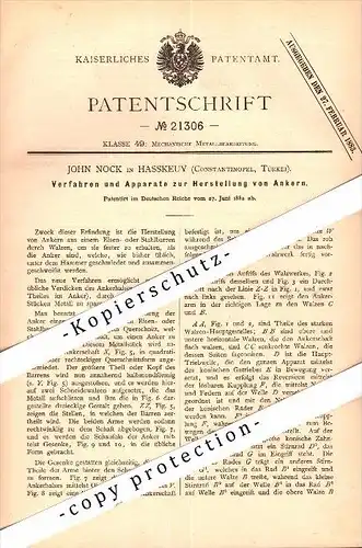 Original Patent - John Nock in Hassköy b. Istanbul , Türkei , 1882 , Apparat zur Anker-Herstellung , Konstantinopel !!!