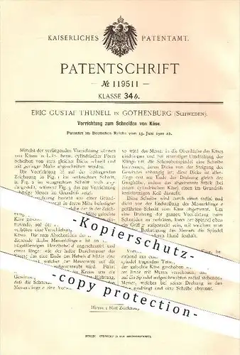 original Patent - Eric Gustaf Thunell in Gothenburg , Schweden , 1900 , Vorrichtung zum Schneiden von Käse , Käsehobel !