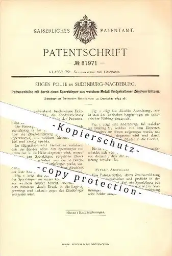 original Patent - Eugen Polte , Sudenburg - Magdeburg , 1894 , Patronenhülse mit Zündvorrichtung , Waffen , Geschosse !!