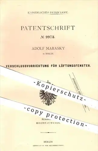 original Patent - Adolf Marasky in Berlin , 1879 , Verschluss für Lüftungsfenster , Fenster , Fensterbau , Hochbau , Bau