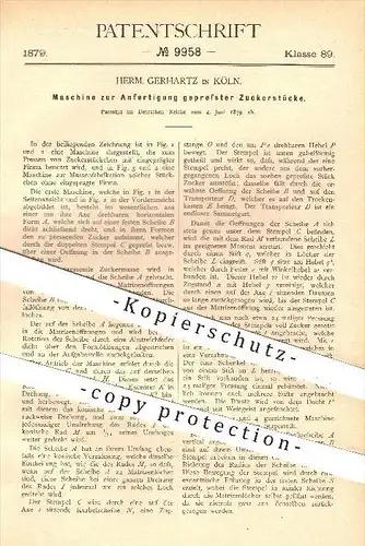 original Patent - H. Gerhartz , Köln , 1879 , Anfertigung gepresster Zuckerstücke , Zucker , Zuckerwürfel , Zuckerfabrik