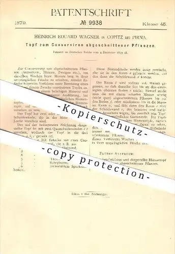 original Patent - Heinrich Eduard Wagner in Copitz bei Pirna , 1879 , Topf zum Konservieren abgeschnittener Pflanzen !!