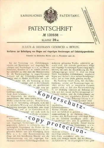 original Patent - Julius & Hermann Gembicki in Berlin , 1900 , Befestigung von Ringen u. Verzierungen auf Zelluloid !!!