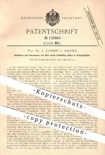 original Patent - Prof. Dr. A. Classen in Aachen , 1901 , Verzuckern von Holz durch schweflige Säure in Druckgefäßen !