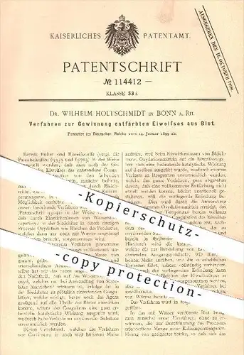original Patent - Dr. Wilhelm Holtschmidt in Bonn a. Rh. , Gewinnung von entfärbtem Eiweiß aus Blut , Medizin , Chemie !