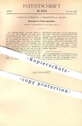 original Patent - Leopold Stiennon in Sieghütte bei Siegen , 1879 , Förderwagen - Räder , Rad , Reifen , Eisenbahn !!!
