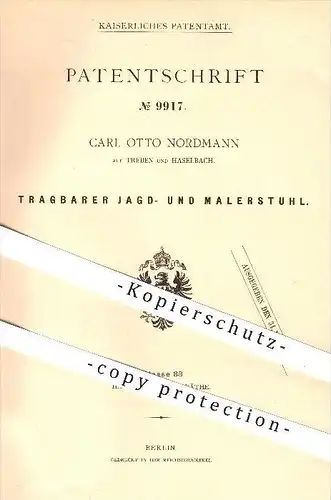 original Patent - Carl Otto Nordmann auf Treben und Haselbach , 1880 , Tragbarer Jagd - u. Malerstuhl , Stuhl , Jäger