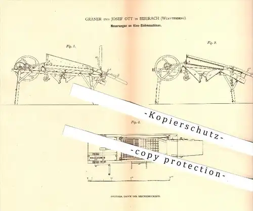 original Patent - Graner und Josef Ott in Biberach , 1879 , Kies - Siebmaschinen , Sieben , Straßenbau , Bau !!!