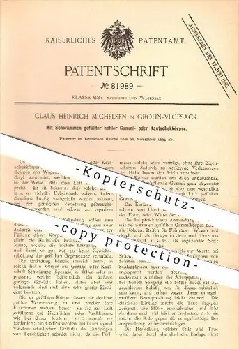 original Patent - Claus H. Michelsen , Grohn - Vegesack , 1894 , gefüllter hohler Gummi- o. Kautschukkörper , Reifen !!!