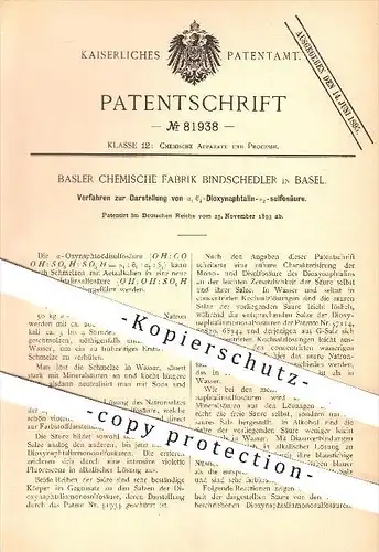 original Patent - Basler Chemie Fabrik Bindschedler in Basel , 1893 , Darstellung von Dioxynaphtalin Sulfosäure , Chemie