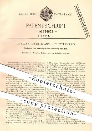 original Patent - Dr. Georg Eschellmann in St. Petersburg , 1897 , elektrolytische Gewinnung von Zink , Chemie , Strom