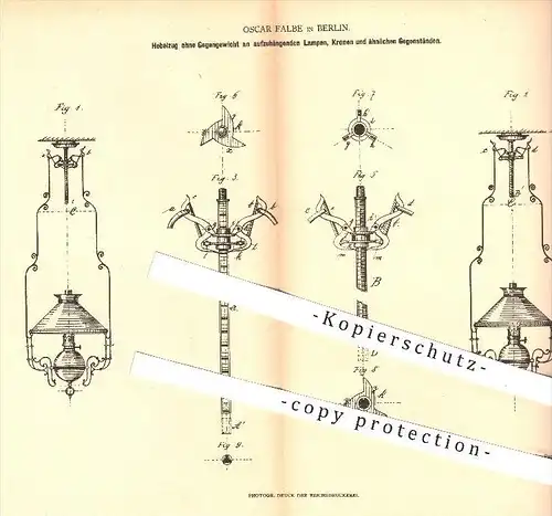 original Patent - Oscar Falbe in Berlin , 1878 , Hebelzug ohne Gegengewicht , Lampen , Kronleuchter , Kronen !!!