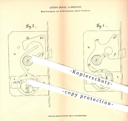 original Patent - Ludwig Bensel in Iserlohn , 1878 , Schlösser ohne Federn , Schloss , Türschloss , Tür , Schlosser !!!