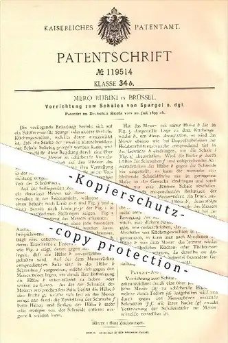 original Patent - Mero Rubini in Brüssel , 1899 , Schälen von Spargel , Schälmesser , Messer , Sparschäler , Haushalt !