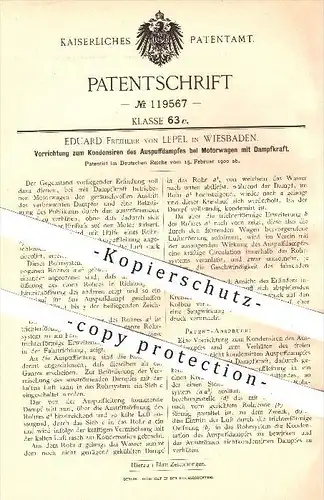 original Patent - Eduard Freiherr von Lepel , Wiesbaden , 1900 , Kondensieren von Auspuffdampf bei Motorwagen , Motor !!