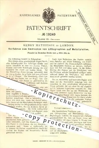 original Patent - Henry Mathieson in London , 1882 , Umdrucken von Lithographien auf Metallplatten , Druckerei , Druck