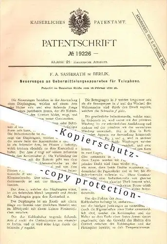 original Patent - F. A. Sasserath , Berlin , 1880, Übermittlungsapparat für Telefone , Telefon , Telefonie , Transmitter