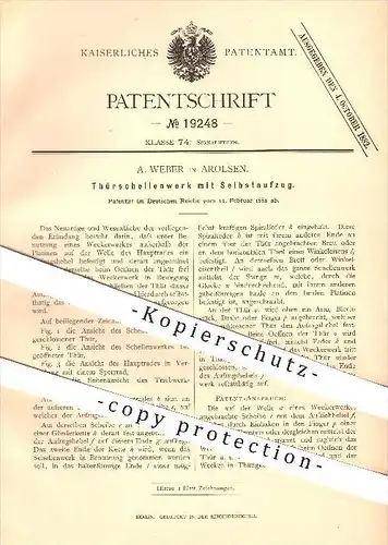 original Patent - A. Weber , Arolsen , 1882, Türschellenwerk mit Selbstaufzug , Klingel , Klingeln , Türklingel , Wecker