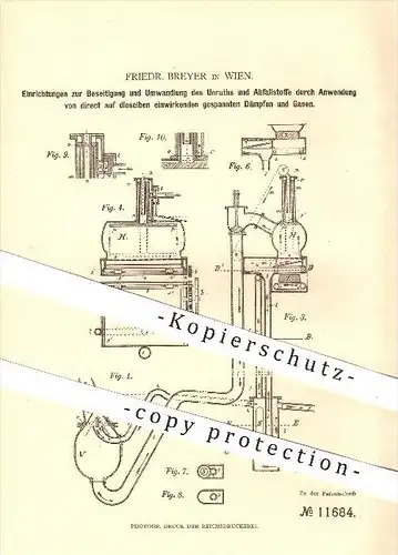 original Patent - Friedr. Breyer in Wien , 1880 , Beseitigung u. Umwandlung von Unrat und Abfall , Wasserleitung !!!