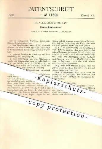 original Patent - W. Auerbach in Berlin , 1880 , Röhren - Schwimmweste , Schwimmwesten , Weste , Schwimmen , Sport !!!