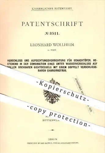 original Patent - Leonhard Wollheim in Wien , 1878 , Verschluss für Schachtöfen , Ofen , Öfen , Ofenbauer , Hütten !!!