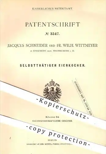 original Patent - Jaques Schneider , Fr. Wilh. Wittmeyer , Hasserode , Wernigerode , Harz , 1878 , Eier - Kocher , Ei