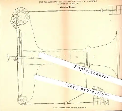 original Patent - Jaques Schneider , Fr. Wilh. Wittmeyer , Hasserode , Wernigerode , Harz , 1878 , Eier - Kocher , Ei