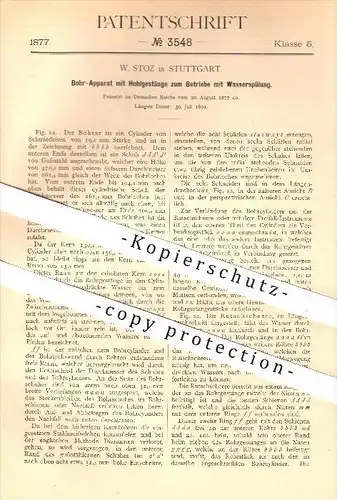 original Patent - W. Stoz in Stuttgart , 1877 , Bohrer mit Hohlgestänge zum Betrieb mit Wasserspülung , Bergbau , Bohren