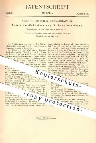 original Patent - Carl Kliebisch , Sangerhausen , 1878 , Hahn - Steuerung für Dampfmaschinen , Dampfmaschine , Motor !!!