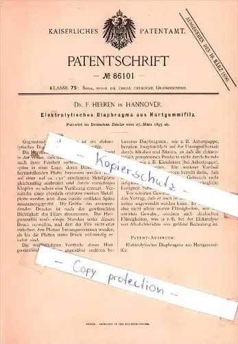 Original Patent - Dr. F. Heeren in Hannover , 1895 , Elektrolytisches Diaphragma !!!