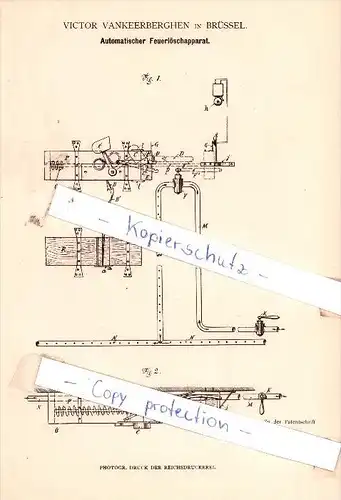 Original Patent - Victor Vankeerberghen in Brüssel , 1882 , Automatischer Feuerlöschapparat , Bruxelles , Feuerwehr !!!