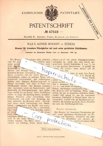 Original Patent - Julius Alfred Bourry in Zürich , 1888 , Brenner für brennbare Flüssigkeiten !!!