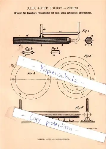 Original Patent - Julius Alfred Bourry in Zürich , 1888 , Brenner für brennbare Flüssigkeiten !!!