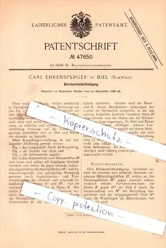 Original Patent - Carl Ehrensperger in Biel / Bienne  , 1888 , Bürstenstielbefestigung !!!