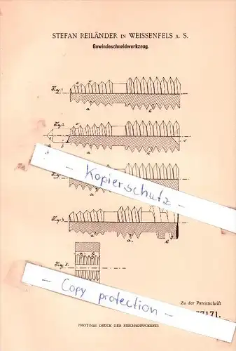 Original Patent - Stefan Reiländer in Weissenfels a. S. , 1900 , Gewindeschneidwerkzeug !!!