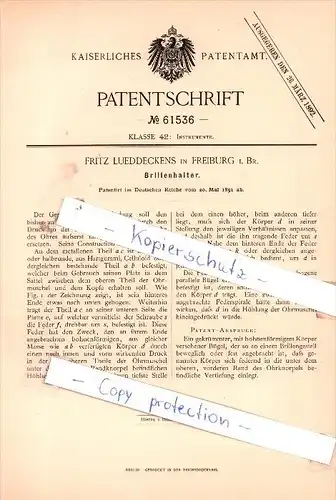 Original Patent - Fritz Lueddeckens in Freiburg i. Br. , 1891 , Brillenhalter !!!