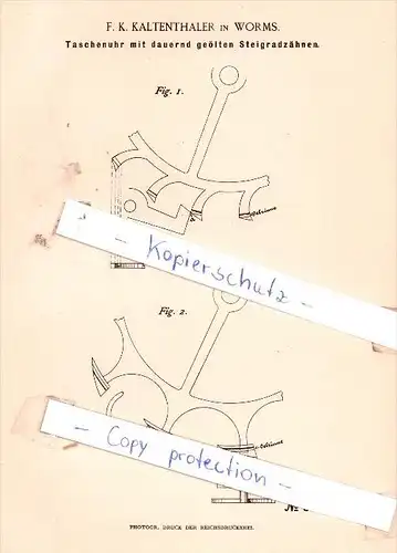 Original Patent - F. K. Kaltenthaler in Worms , 1889 , Taschenuhr mit Steingradzähnen !!!