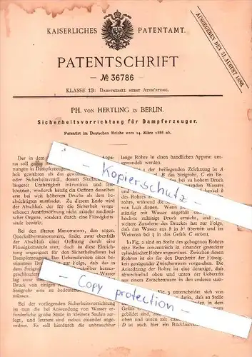 Original Patent - Ph. von Hertling in Berlin , 1886 , Sicherheitsvorrichtung für Dampferzeuger !!!