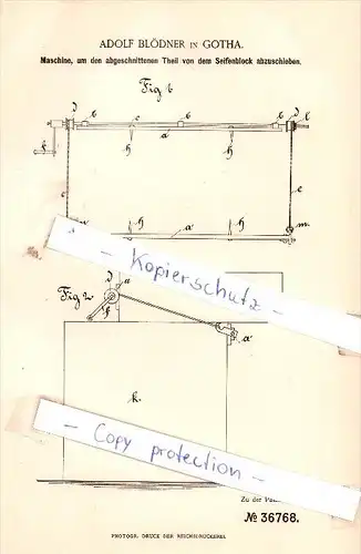 Original Patent - Adolf Blödner in Gotha , 1886 , Herstellung von Seife , Fettindustrie !!!