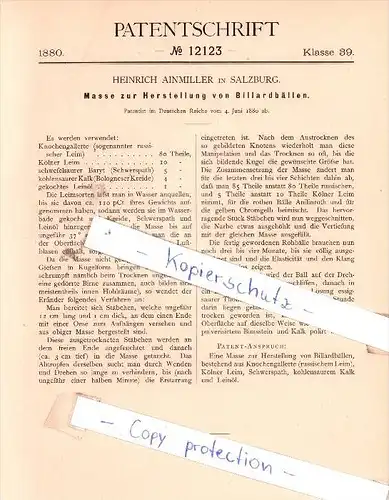 Original Patent - H. Ainmiller in Salzburg , 1880 , Masse zur Herstellung von Billardbällen , Billard !!!