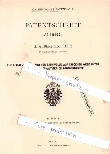 Original Patent - J. Albert Engeler in Winterthur , Schweiz , 1880 , Bleichen von Baumwolle !!!