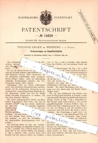 Original Patent - T. Groke in Nienburg a. d. Saale , 1881 , Verbesserung an Dampfkochtöpfen !!!