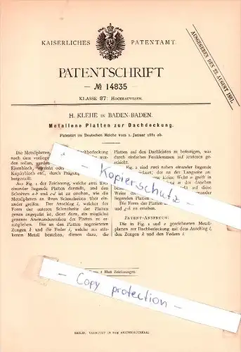 Original Patent - H. Klehe in Baden-Baden , 1881 , Metallene Platten zur Dachdeckung , Dachdecker , Dach !!!