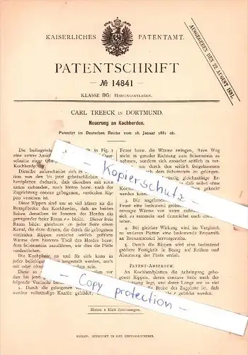 Original Patent - Carl Treeck in Dortmund , 1881 , Neuerung an Kochherden !!!