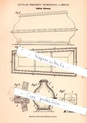 Original Patent - Gottlob Friedrich Trübenbach in Berlin , 1881 , Imitierter Steinsarg , Sarg , Bestatter , Friedhof !!!