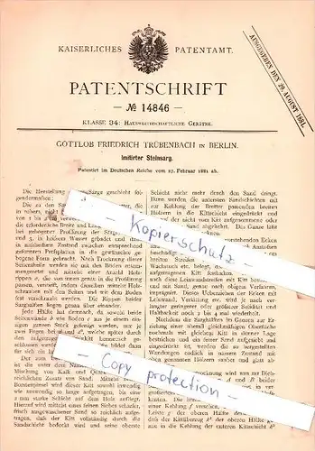 Original Patent - Gottlob Friedrich Trübenbach in Berlin , 1881 , Imitierter Steinsarg , Sarg , Bestatter , Friedhof !!!