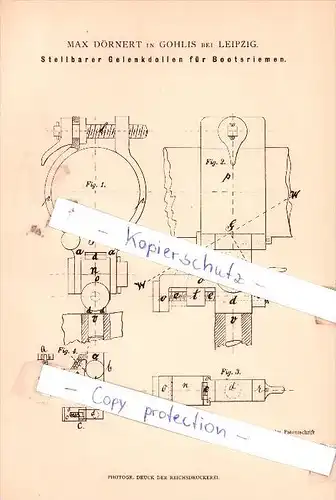 Original Patent - Max Dörnert in Gohlis bei Leipzig , 1880 , Gelenkdollen für Bootsriemen !!!