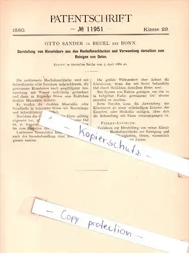 Original Patent - Otto Sander in Beuel bei Bonn  , 1880 , Darstellung von Kieselsäure !!!