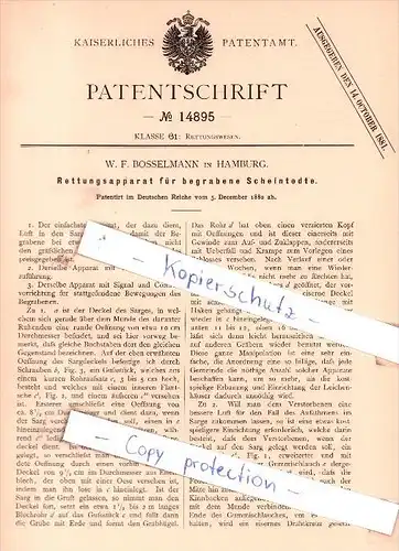 Original Patent - W. F. Bosselmann in Hamburg ,1880, Rettungsapparat für Scheintodte , Pathologie , Friedhof , Bestatter
